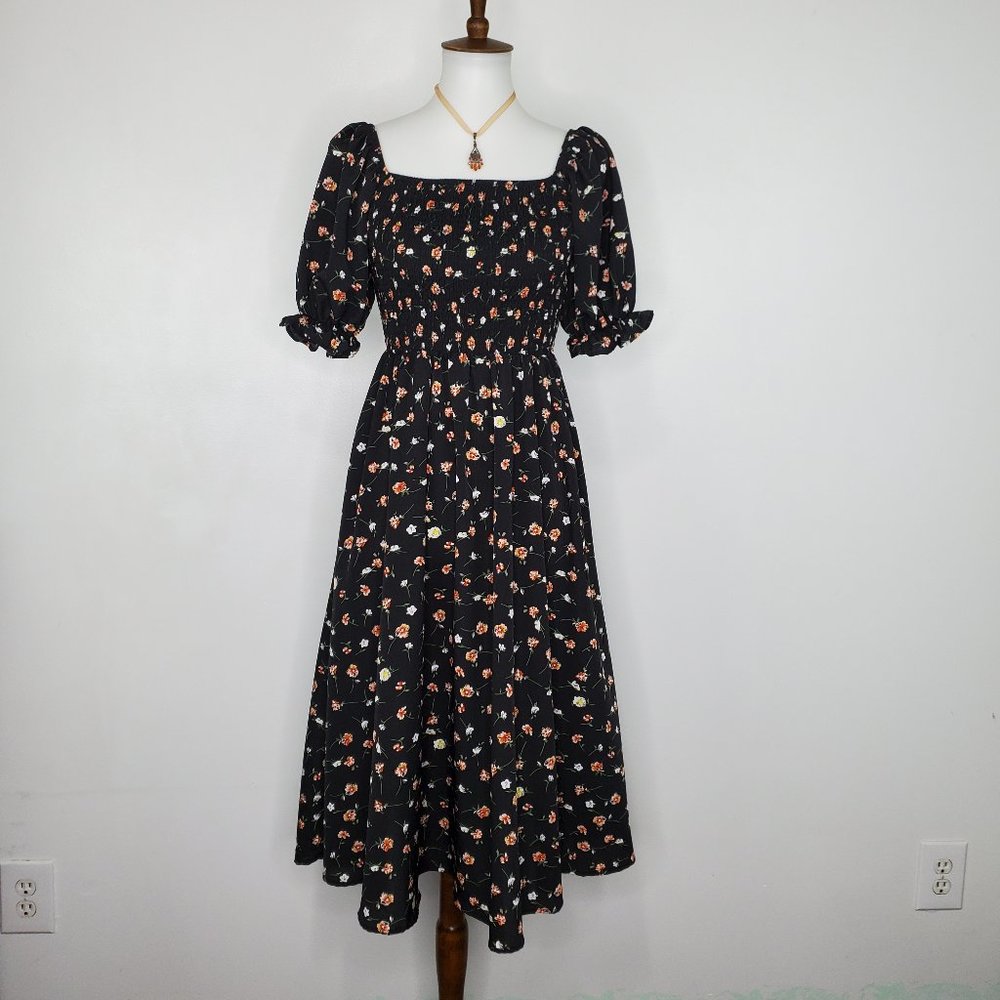 SHEIN Floral Smocked Torso Blousy Sleeve Flowy Skirt Cottagecore Dress NWOT